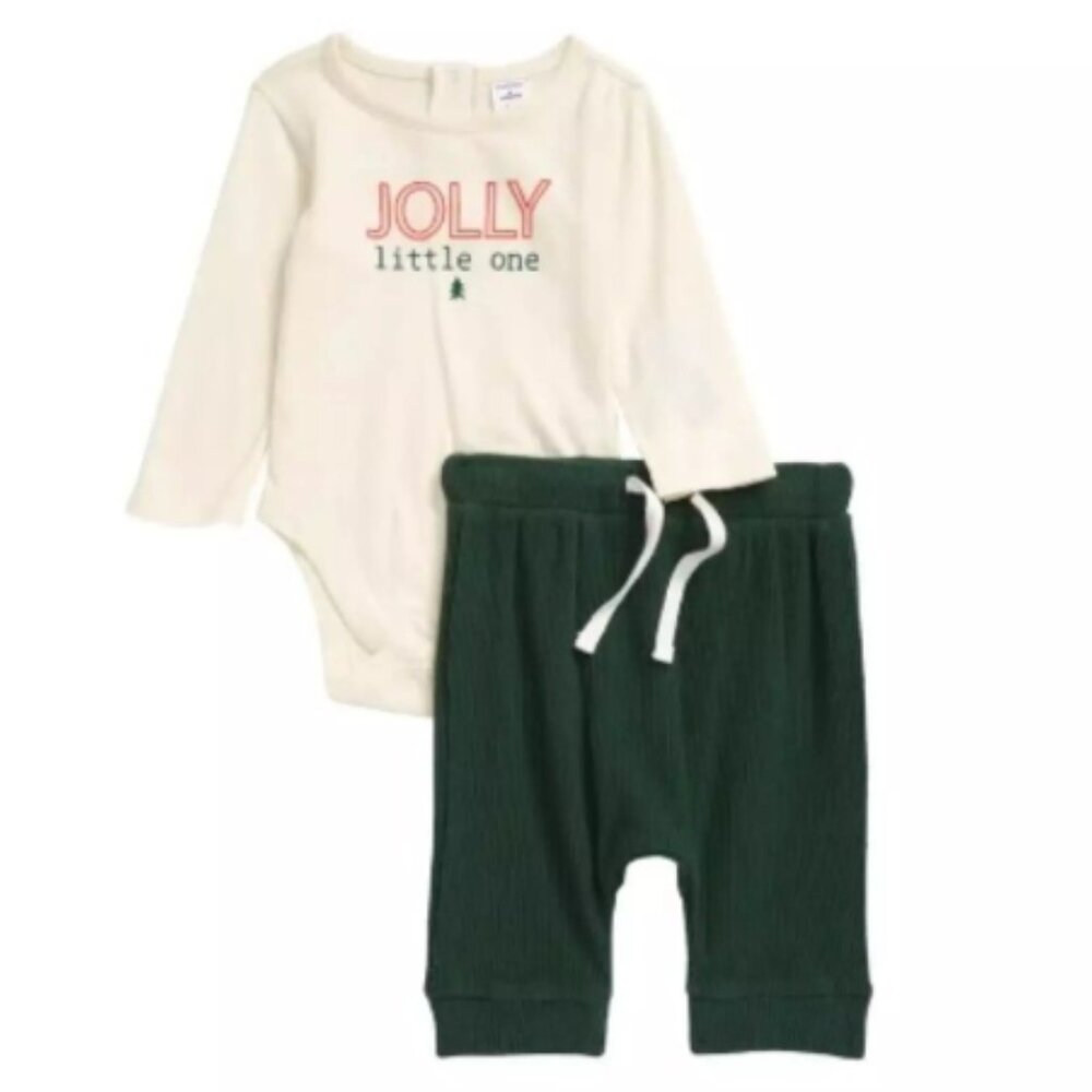 Nordstrom Graphic Bodysuit & Joggers Set Ivory Pristine Jolly Green NB 2 Pcs NWT